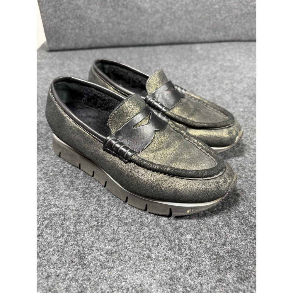 Santoni Shearling Lined Platform Penny Loafer Mules Womens 37 Black‎ Leather